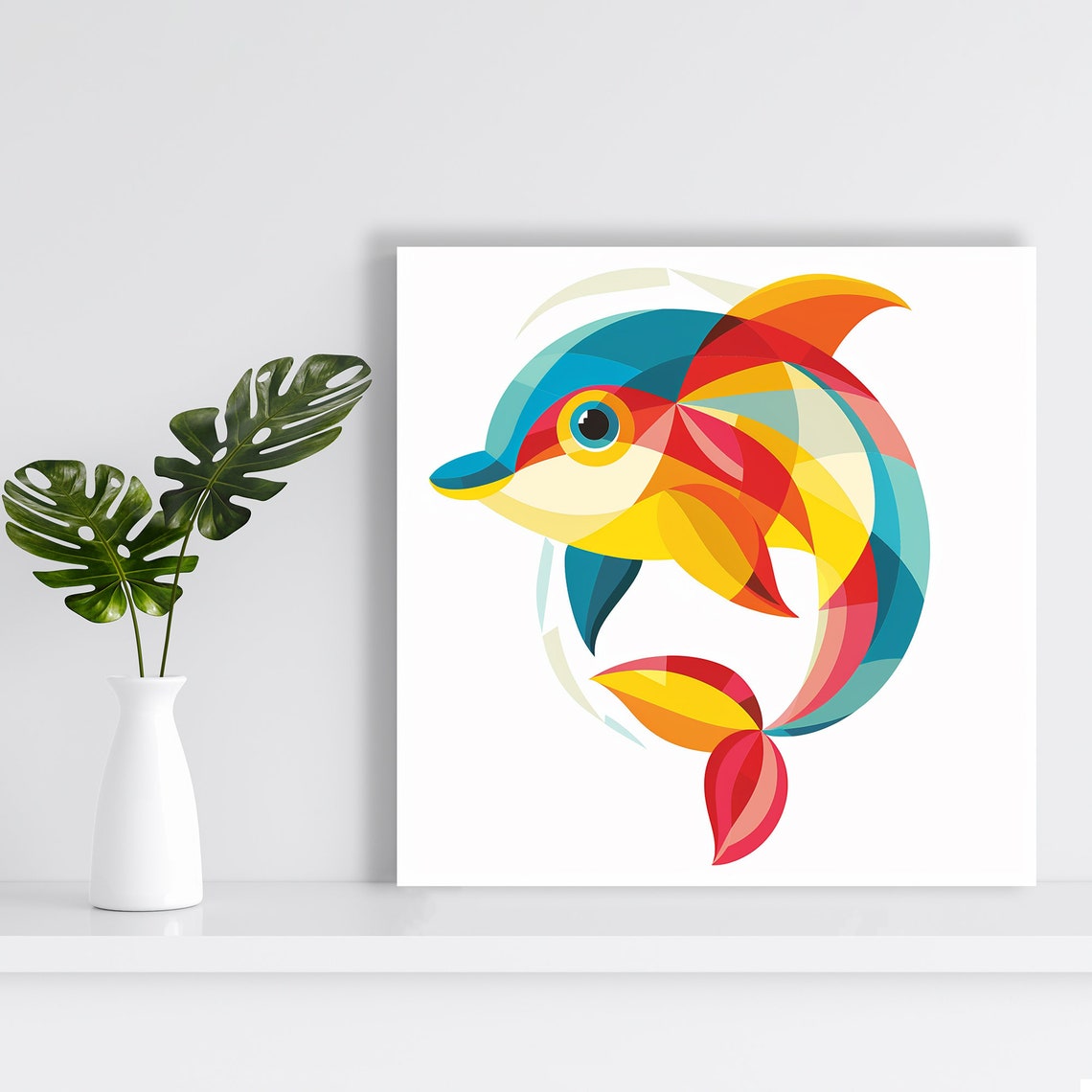 Geometric Colorful Dolphin Red Yellow Teal Modern Ocean Art Poster - Image 2