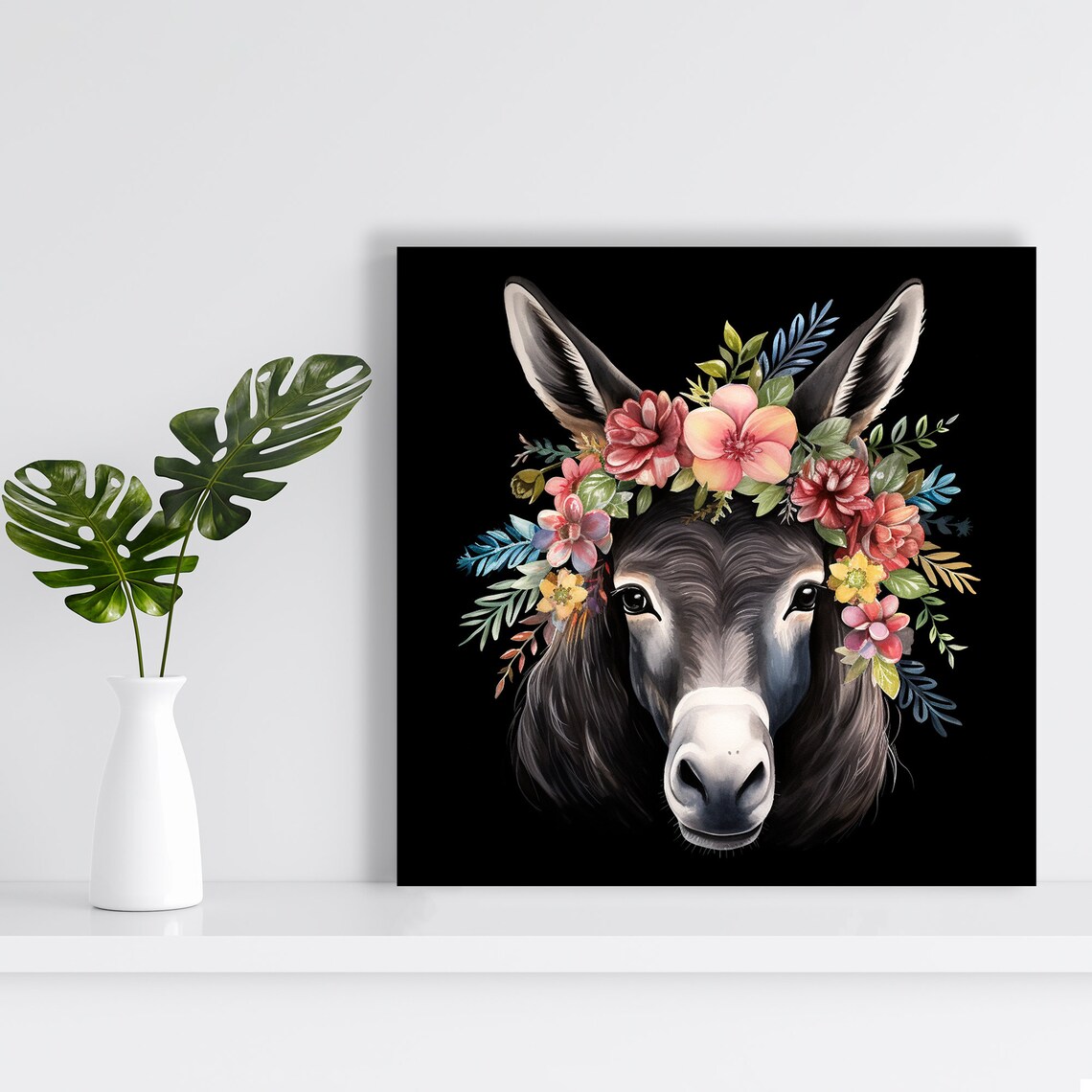 Donkey With Floral Crown On Black Bohemian Flower Animal Poster - Image 2