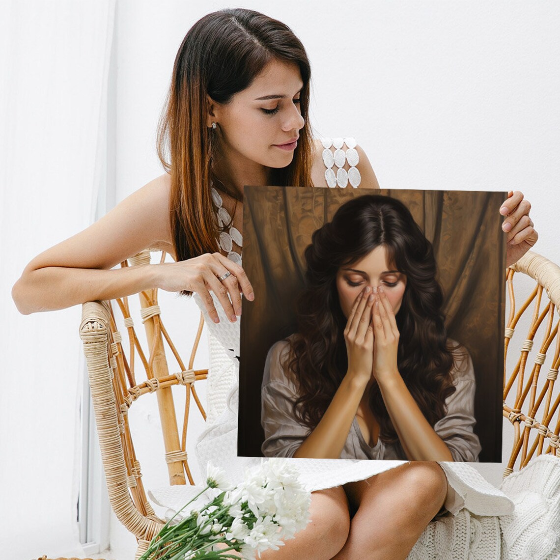 Classical Woman Hands Covering Mouth Vintage Dramatic Portrait Art Poster - Image 3