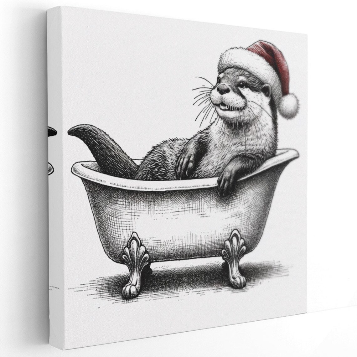 Christmas Otter In Santa Hat Vintage Bathtub Sketch Wall Art Poster - Image 3