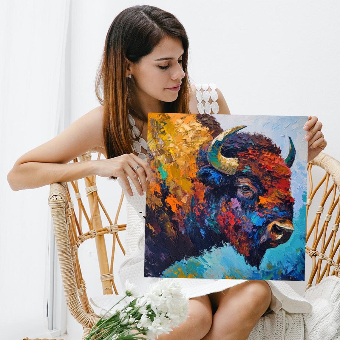 Bison Mosaic Art Or Poster Vibrant Impressionism Rustic Decor Living Room Office Bedroom Wall Art Multicolor Orange Blue Red - Image 3