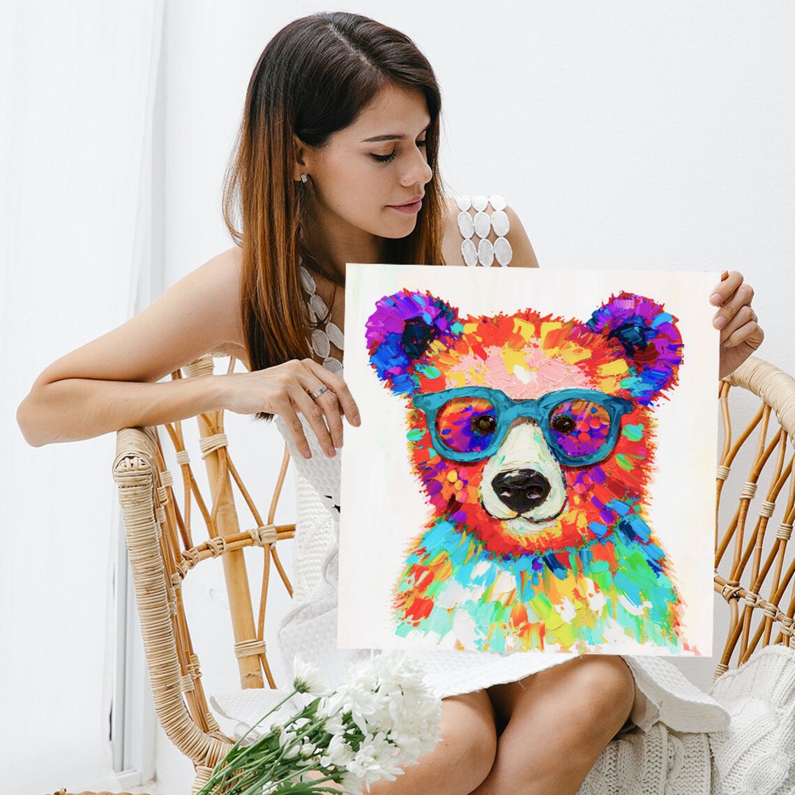 Rainbow Painted Bear Face With Teal Glasses Colorful Whimsical Animal Poster - Image 3
