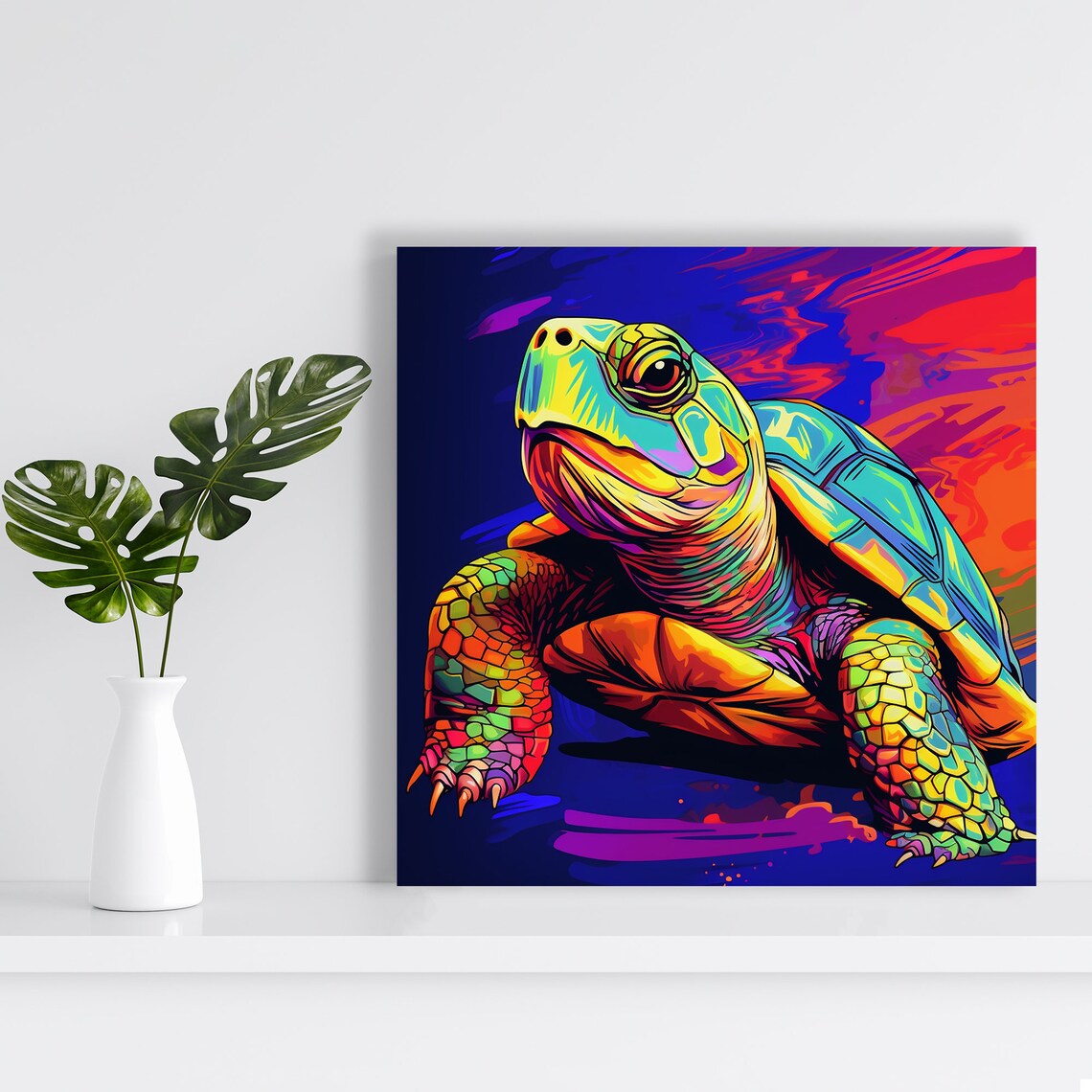 Neon Sea Turtle Swimming in Purple and Orange Ocean Art Poster - Image 2