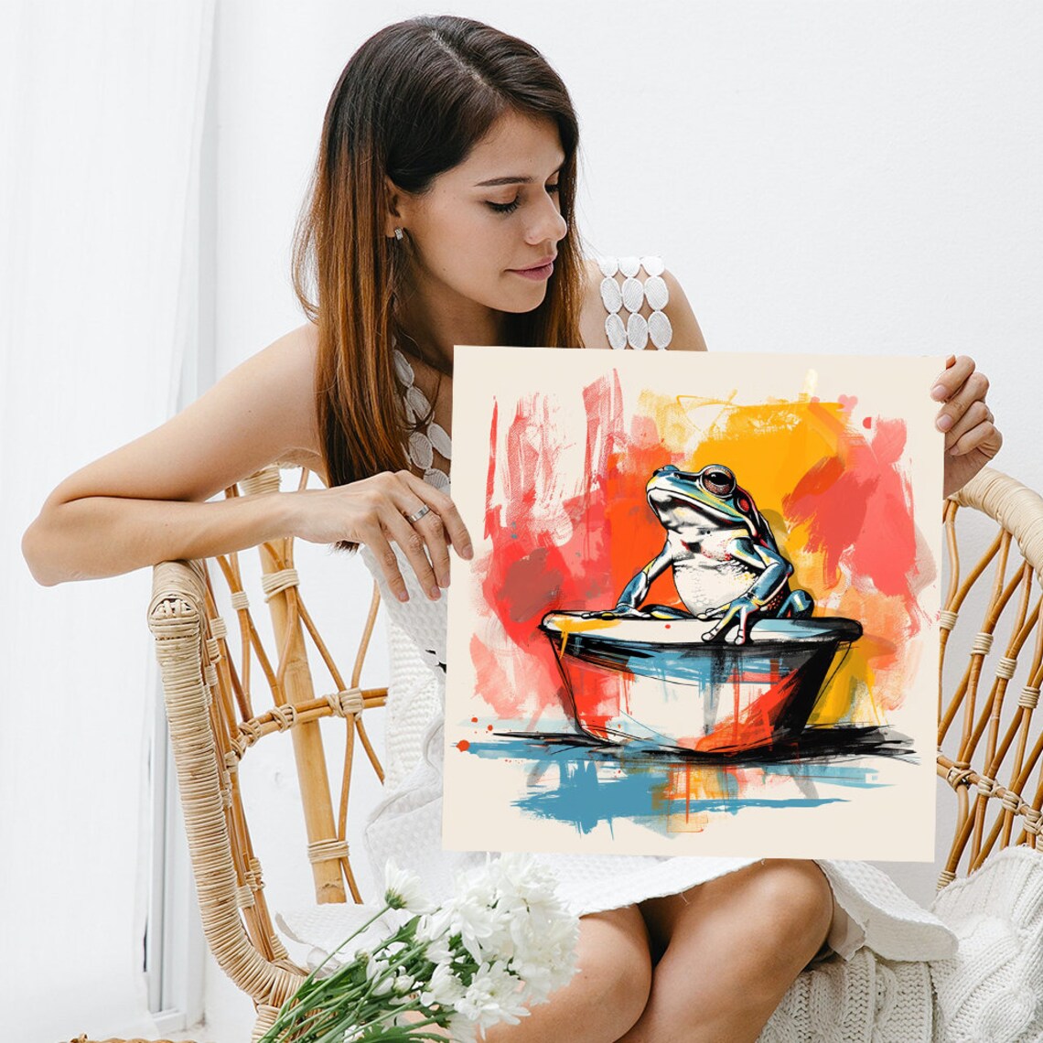 Frog Sitting In Painted Bathtub Colorful Watercolor Splash Art Poster - Image 3