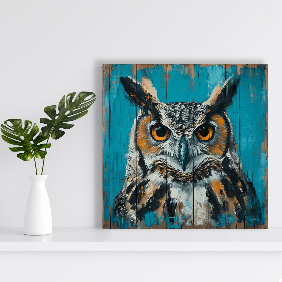 Owl Portrait Turquoise Wood Plank Rustic Contemporary Animal Print - Image 2