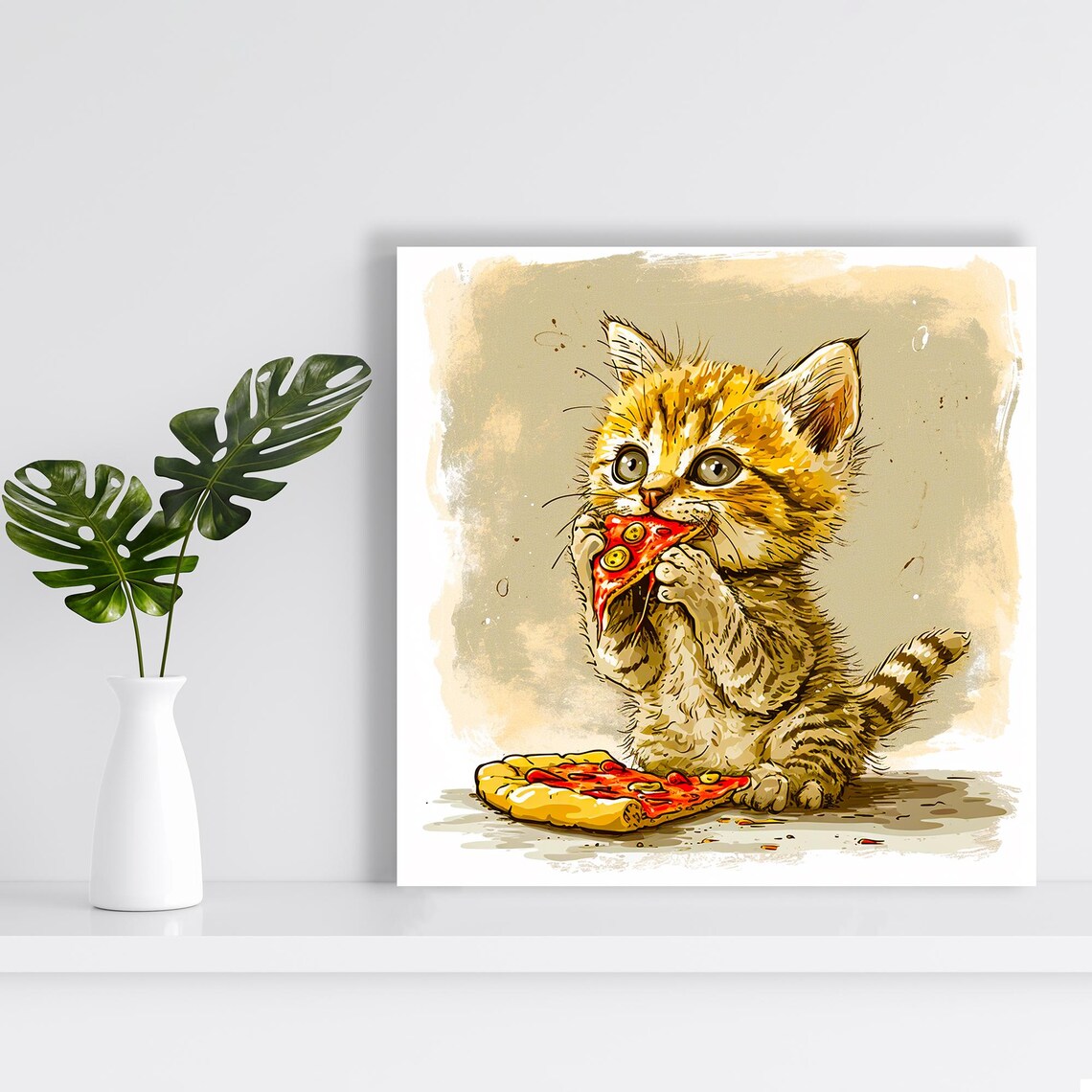 Pizza-Loving Kitten Art Print, Whimsical Decor - Image 2