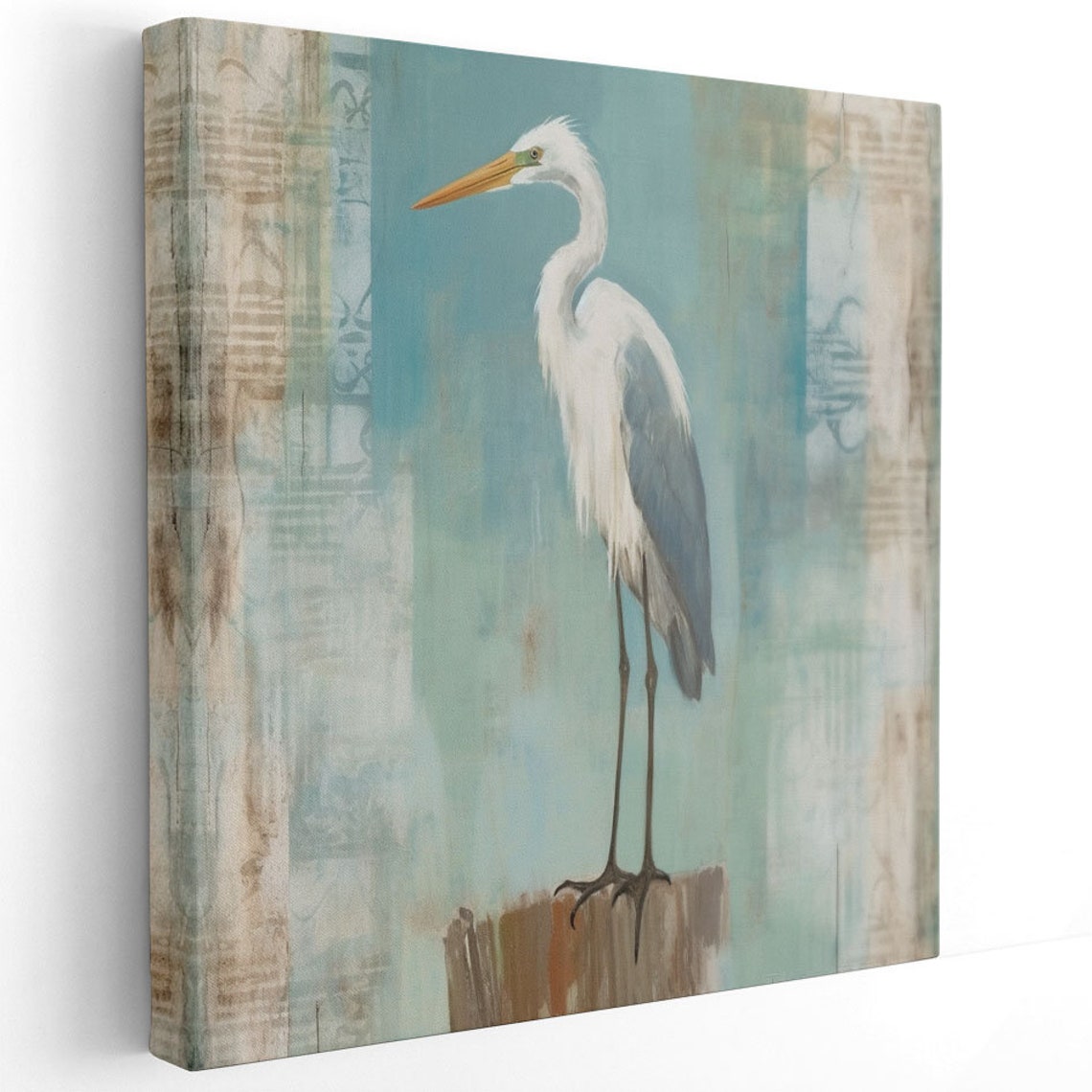 White Egret Standing On Post Soft Coastal Watercolor Bird Wall Poster - Image 3