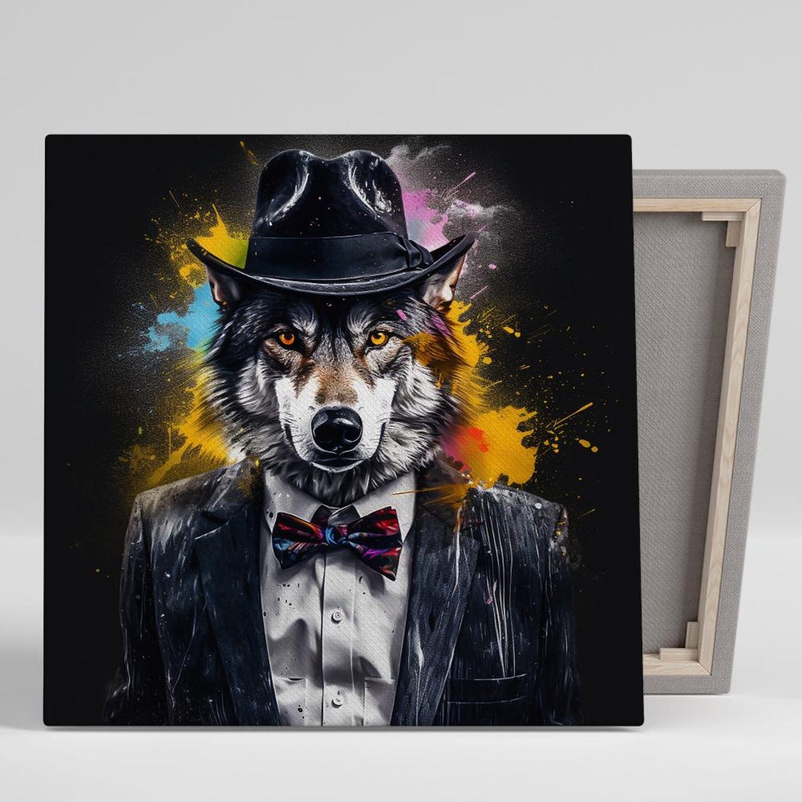 Dapper Wolf Suit Fedora Bow Tie Black Background Glam Animal Poster