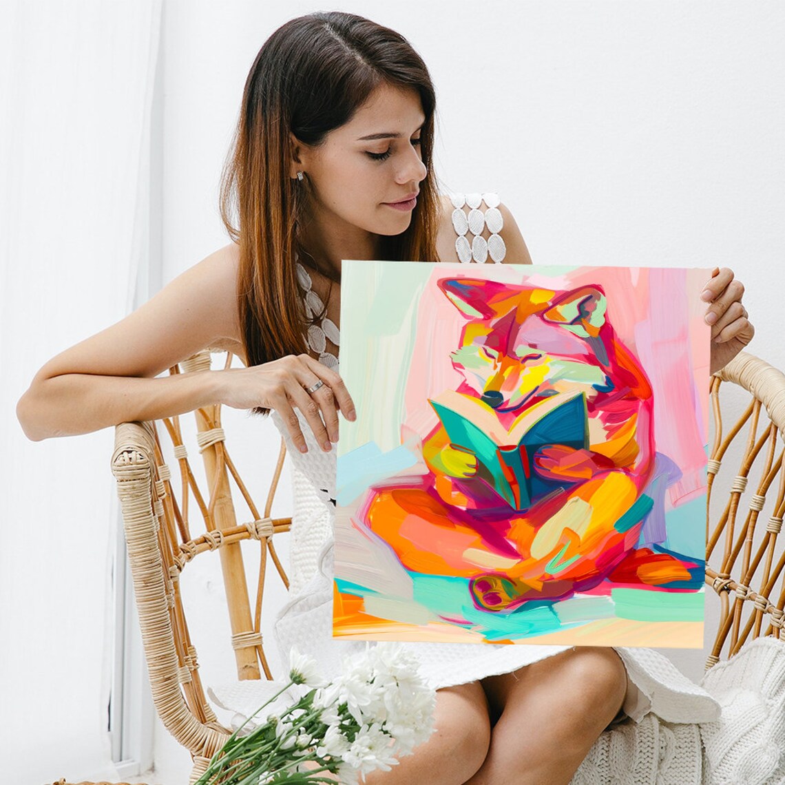 Colorful Fox Reading Book Joyful Abstract Nursery Library Wall Art Poster - Image 3
