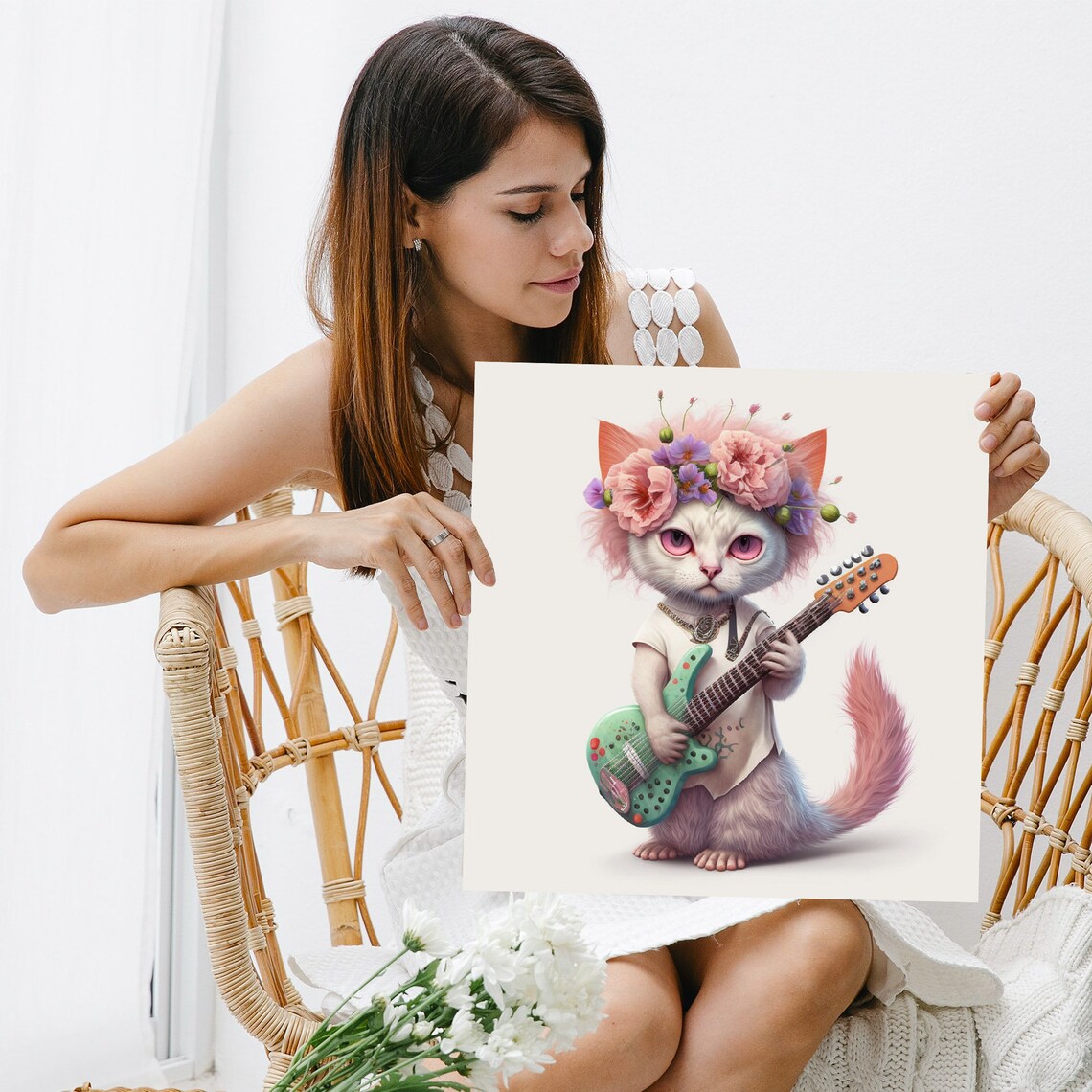 Cute Cat Flower Crown Green Electric Guitar Playful Animal Poster - Image 3