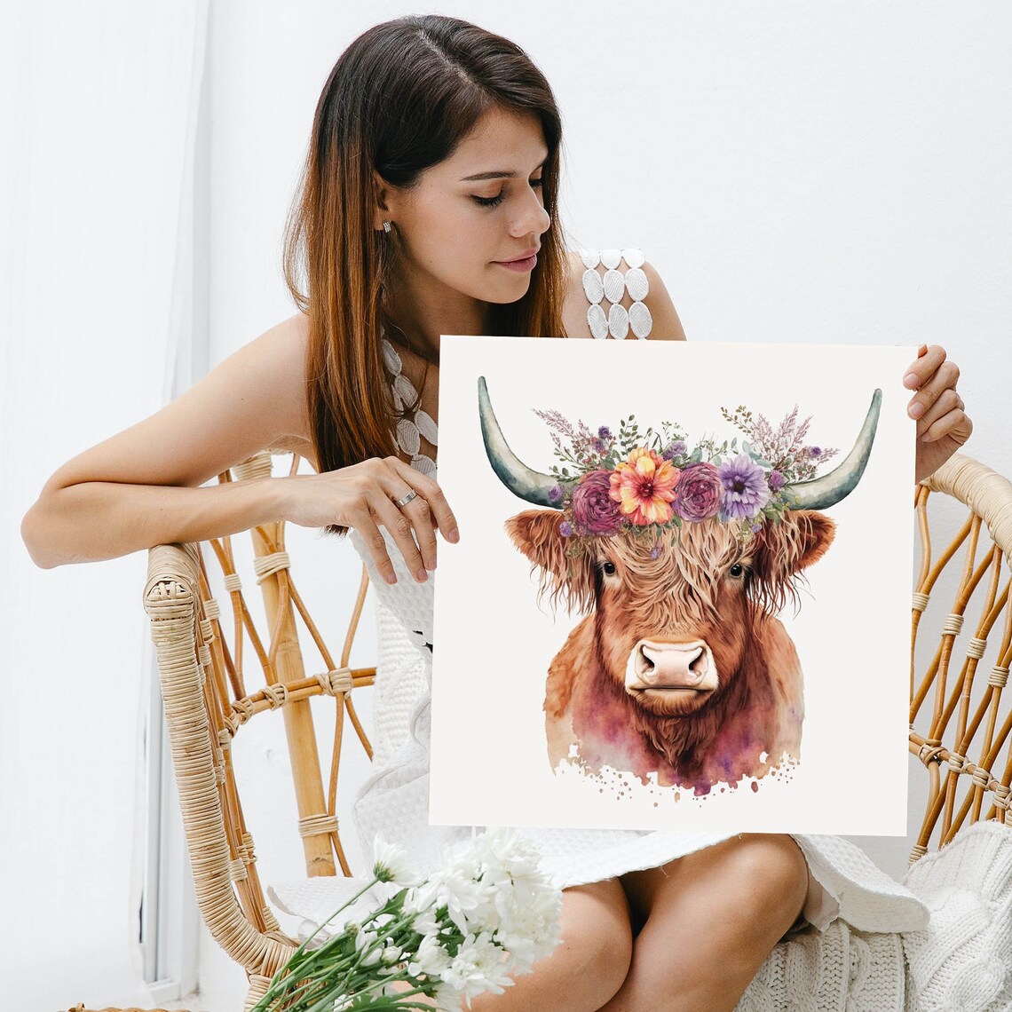 Highland Cow With Flowers, Scottish Farm Art Print - Image 3