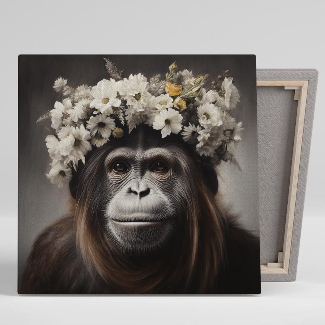 Chimpanzee Wearing White Daisy Floral Crown Dark Background Poster