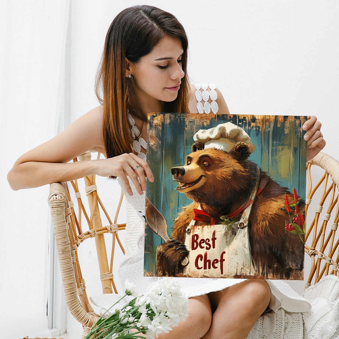 Best Chef Bear In Chef Hat And Apron Vintage Rustic Kitchen Wall Poster - Image 3
