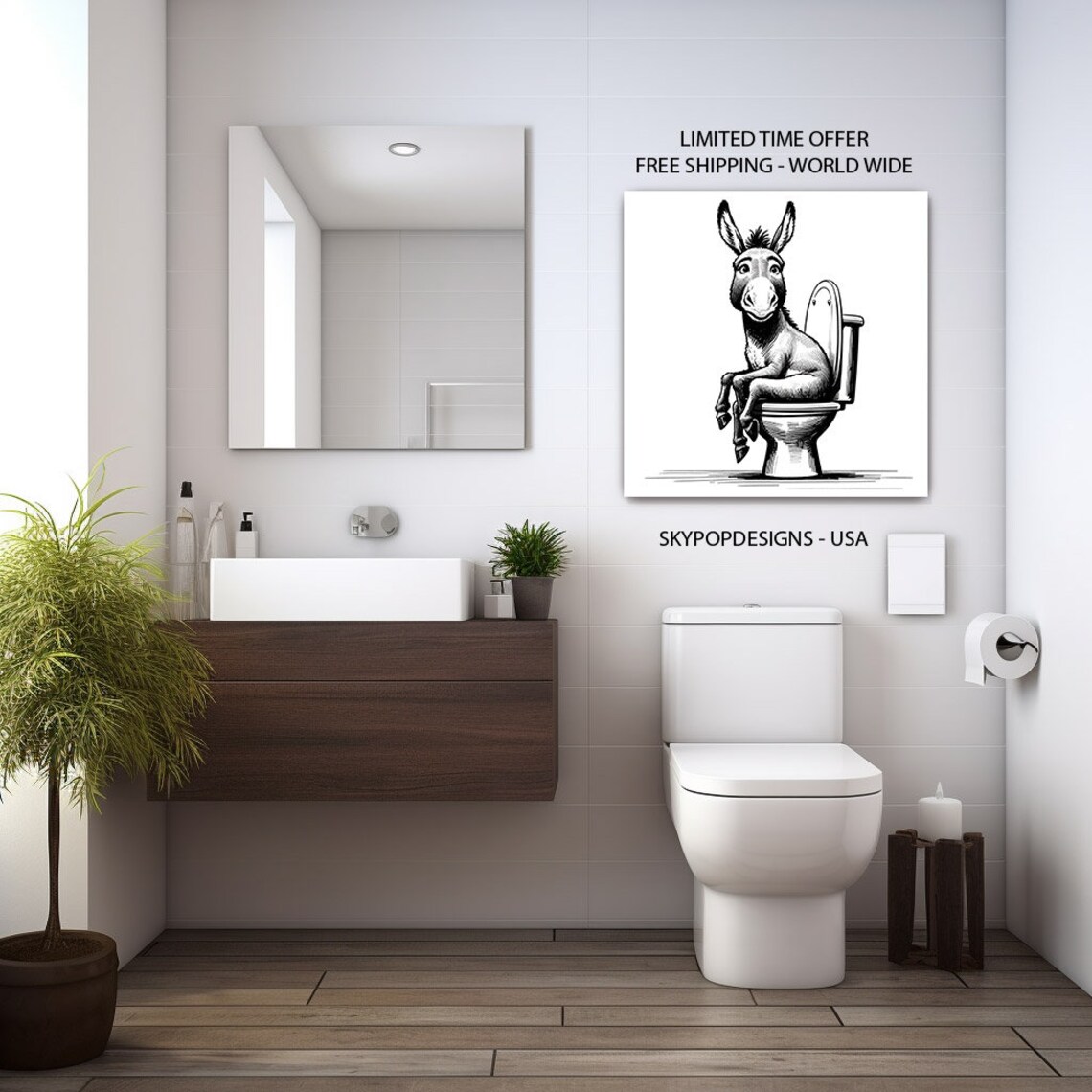 Funny Cartoon Donkey Sitting On Toilet Bathroom Humor Wall Art Poster - Image 2