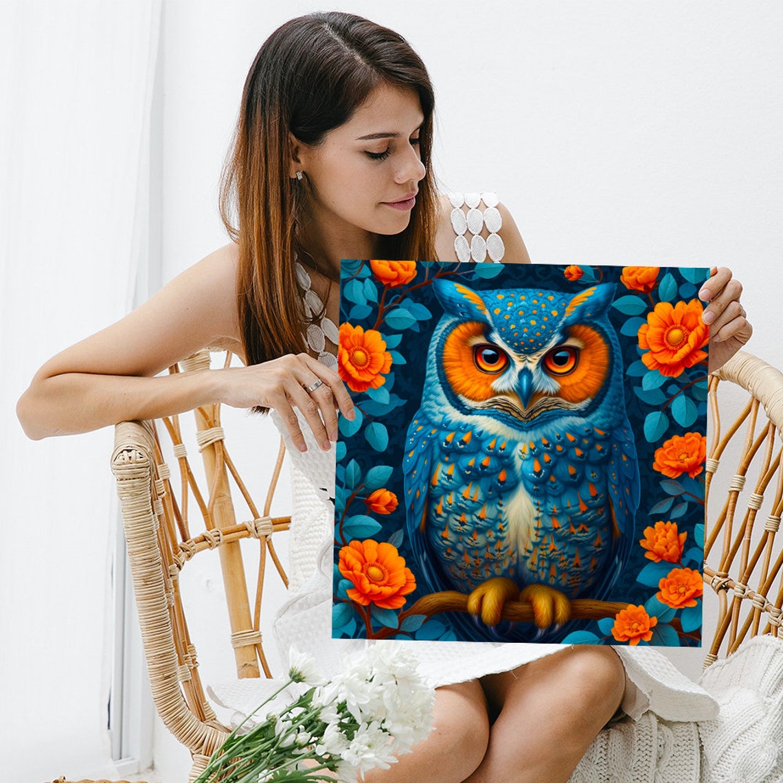 Blue Owl Orange Flowers Botanical Fantasy Vibrant Animal Poster - Image 3