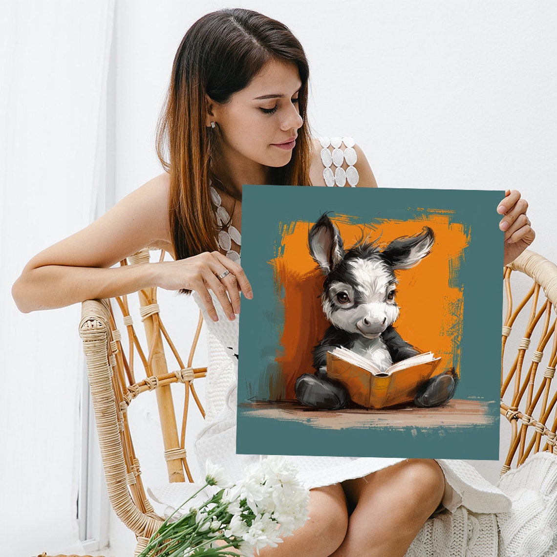 Baby Donkey Reading Book Poster Cute Nursery Teal Orange Animal Decor - Image 3