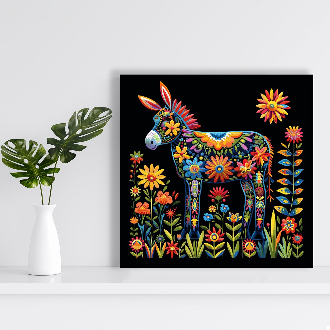 Floral Donkey Fantasy Art Or Poster Whimsical Decor Living Room Childrens Room Bedroom Blue Red Yellow Fantasy Animal Art Print - Image 2