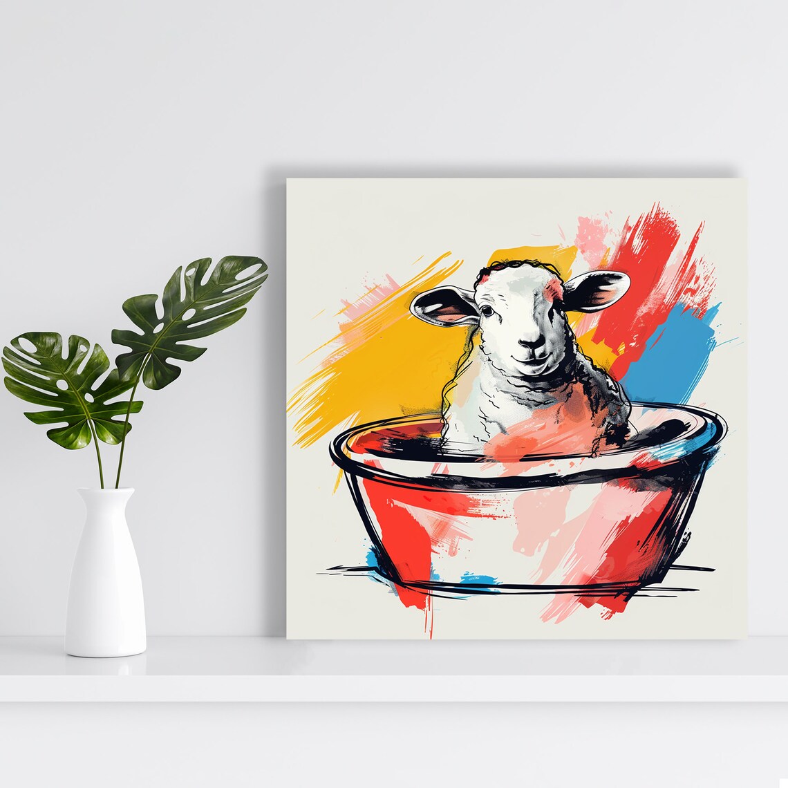 Sheep in Colorful Paint Tub Whimsical Farmhouse Animal Portrait Poster - Image 2