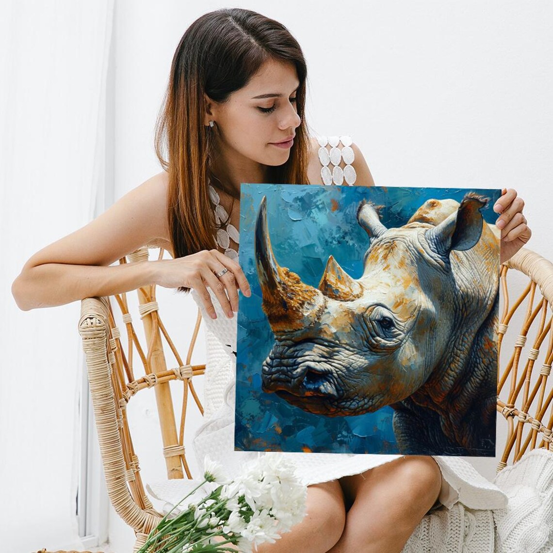 White Rhino Portrait Impasto Oil Painting Blue Background Poster - Image 3