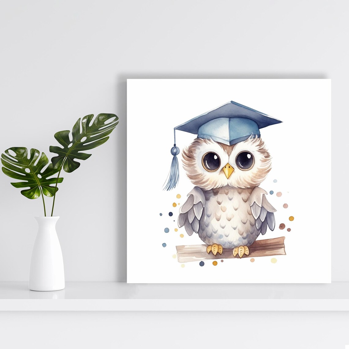 Baby Owl Graduation Cap Watercolor Cute Scholar Nursery Art Poster - Image 2