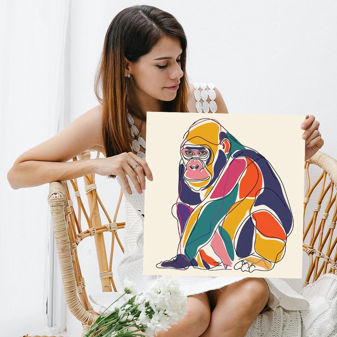 Gorilla Line Art Colorful Blocks Minimalist Modern Primate Poster - Image 3