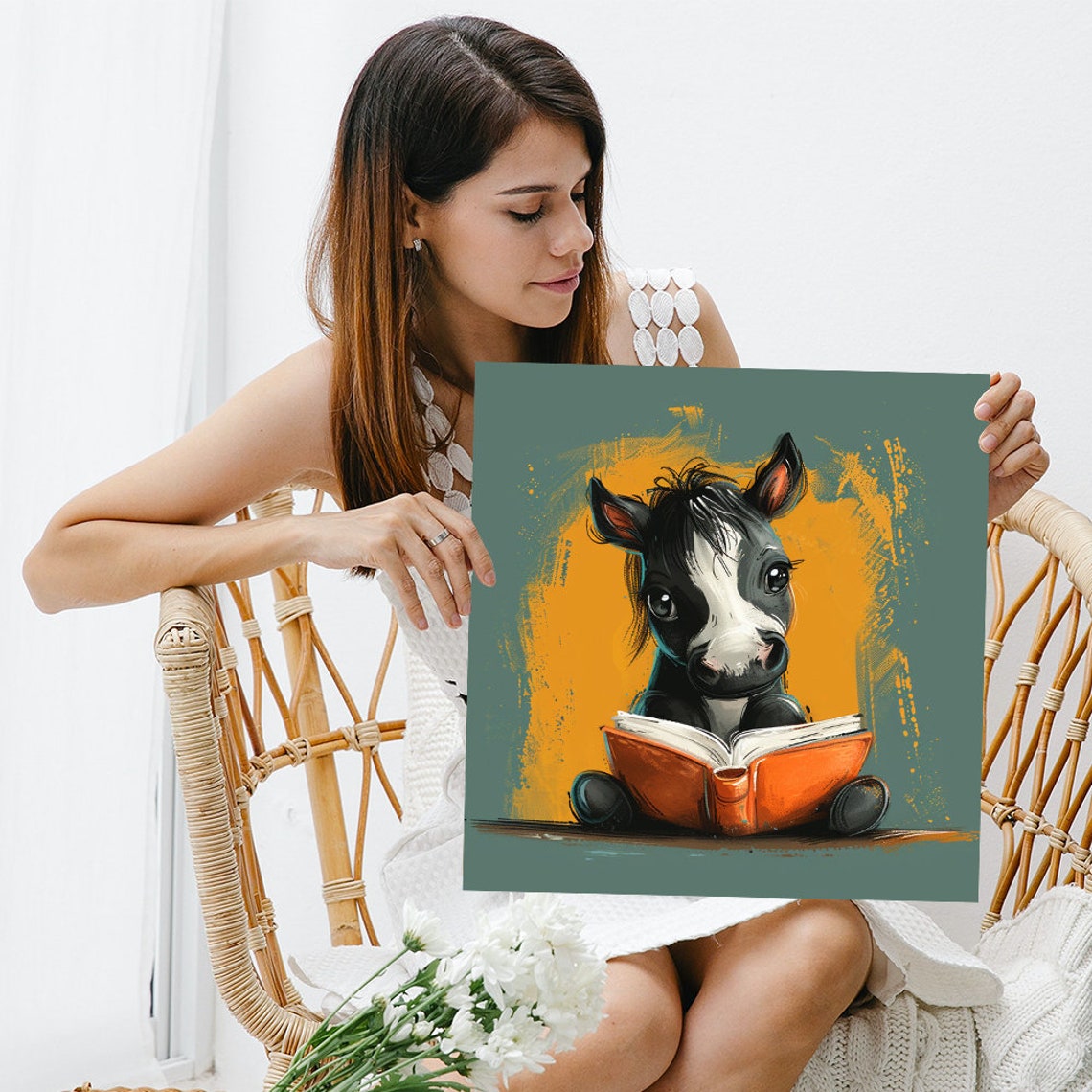 Whimsical Pony Reading Book Orange Splash Kids Nursery Wall Poster - Image 3