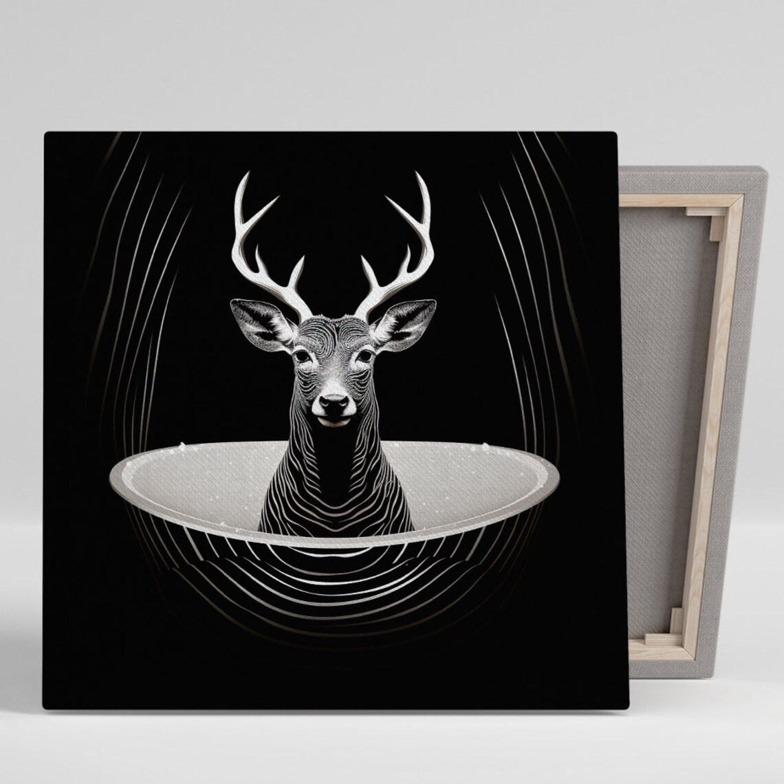 Black White Line Art Stag Antlers Glowing Halo Elegant Minimalist Poster