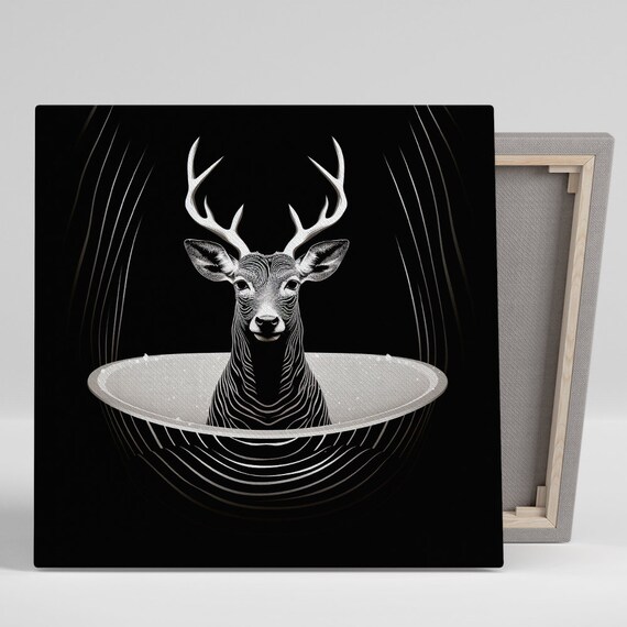 Black White Line Art Stag Antlers Glowing Halo Elegant Minimalist Poster