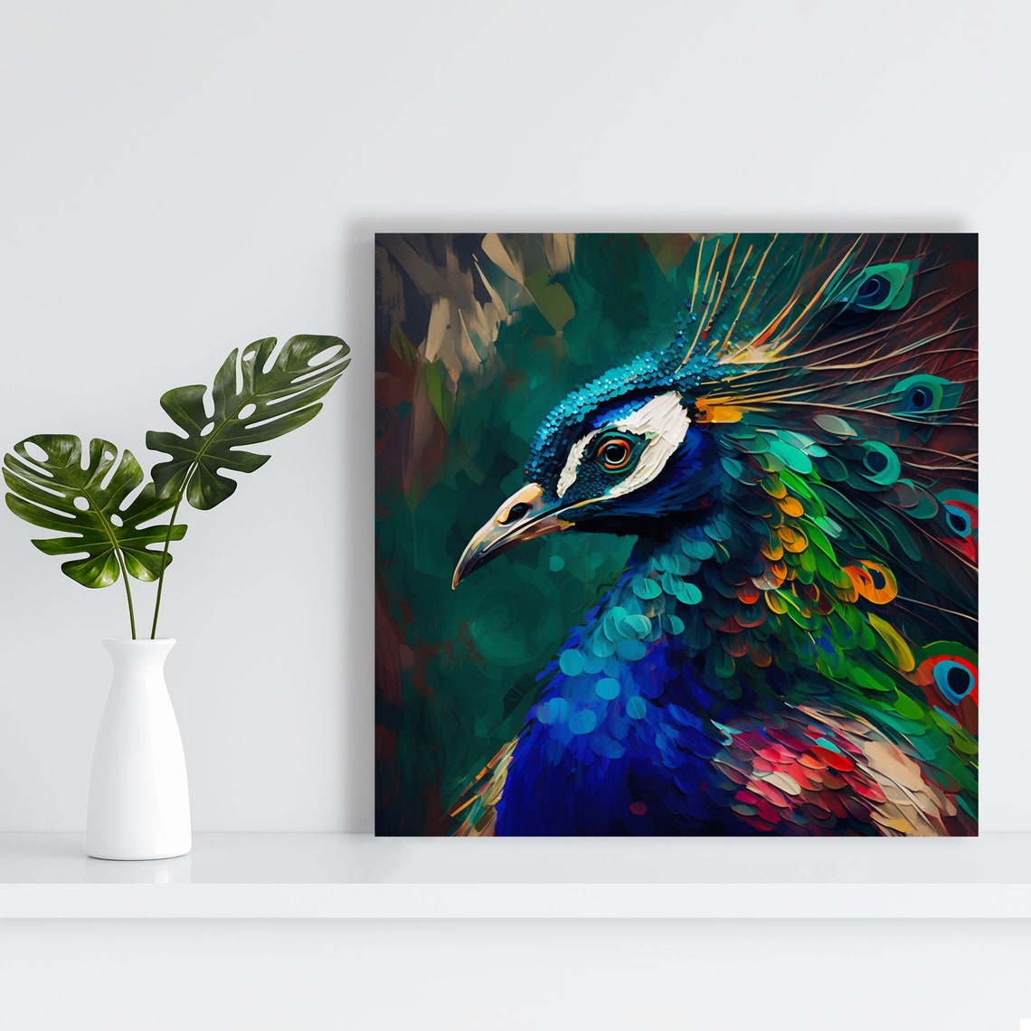 Colorful Peacock Head Close Up Painterly Blue Green Plumage Poster - Image 2