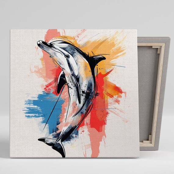 Dolphin Splash Art Or Poster Contemporary Abstract Animal Decor Living Room Bedroom Office Bathroom Wall Art Blue Red Orange
