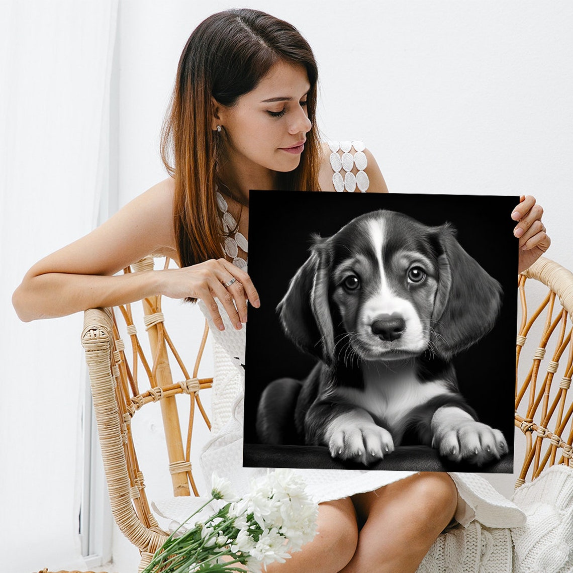Beagle Puppy Black White Portrait Cute Rustic Farmhouse Decor Poster - Image 3