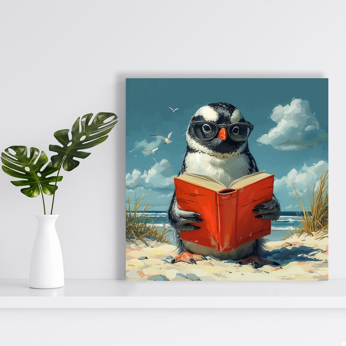 Penguin Reading Book On Beach Sunglasses Coastal Whimsical Art Poster - Image 2