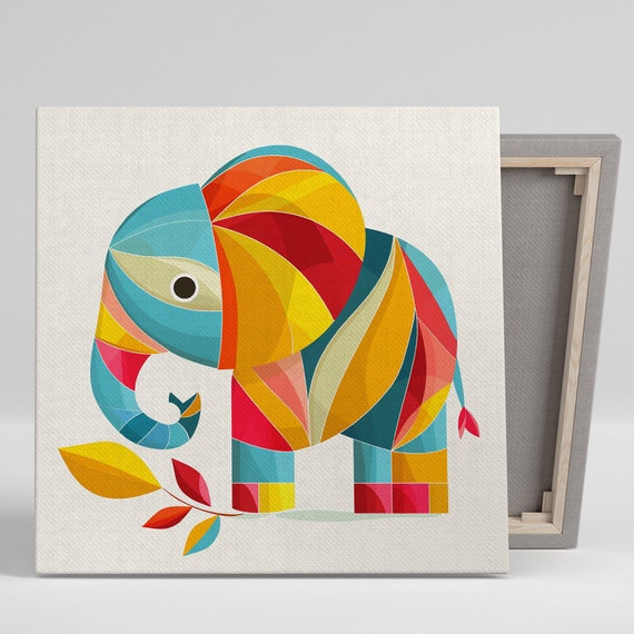 Geometric Elephant Art Or Poster Abstract Whimsical Decor Childrens Room Nursery Living Room Office Wall Art Colorful Design