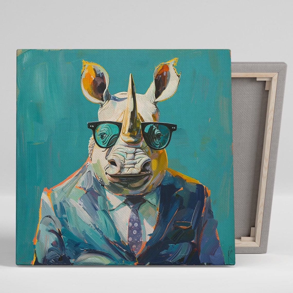 Coolest Rhino In Town Suit Sunglasses Pop Art Teal Office Wall Poster