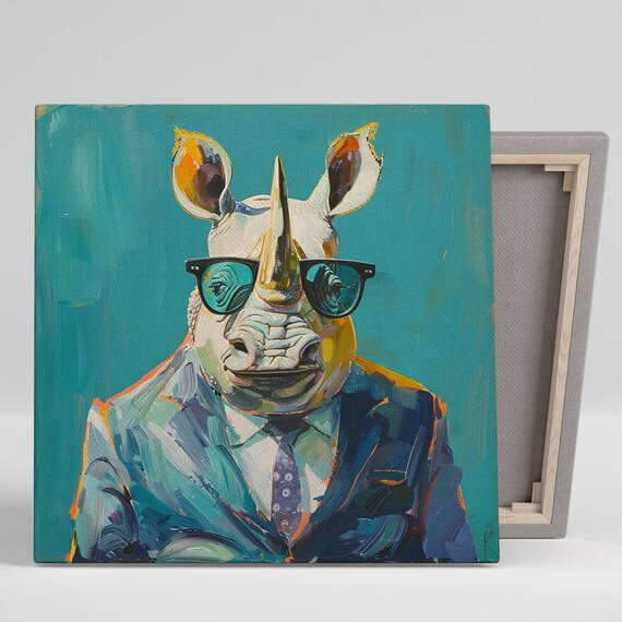 Coolest Rhino In Town Suit Sunglasses Pop Art Teal Office Wall Poster