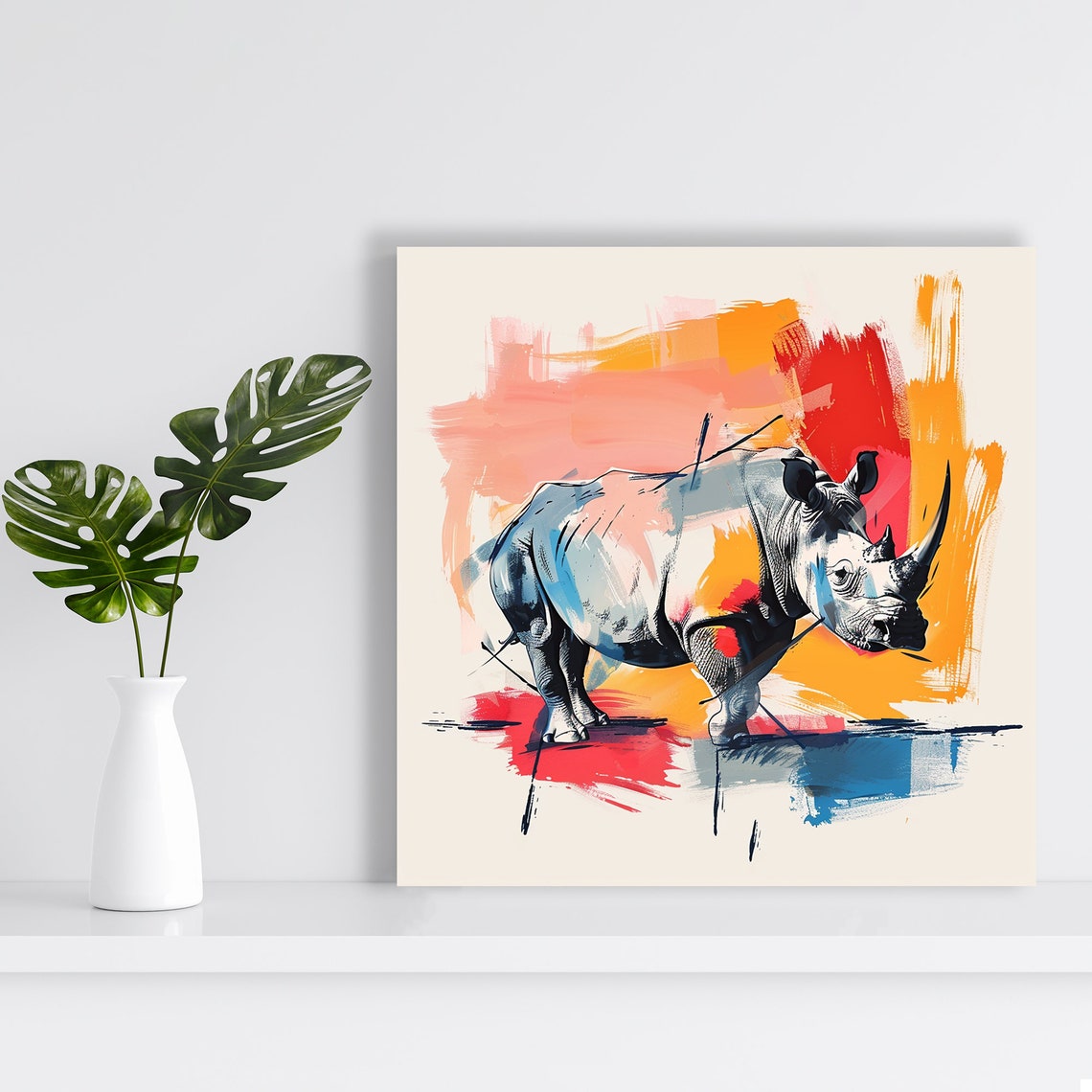 Walking Rhino Abstract Red Blue Orange Wildlife Animal Wall Art Poster - Image 2