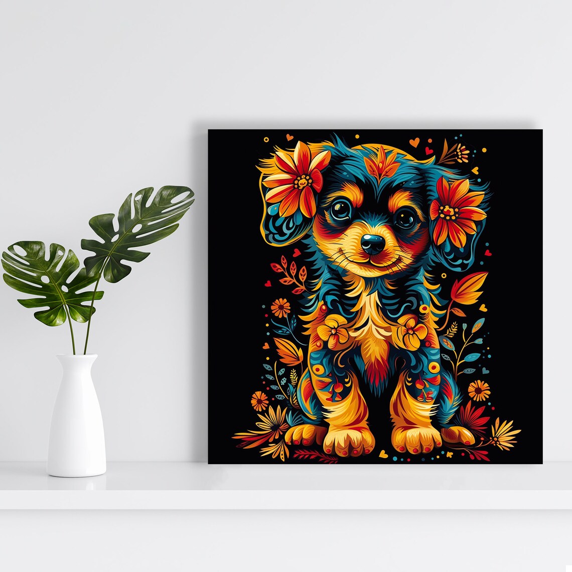 Whimsical Chihuahua Puppy Portrait Orange Blossom Folk Art Poster - Image 2