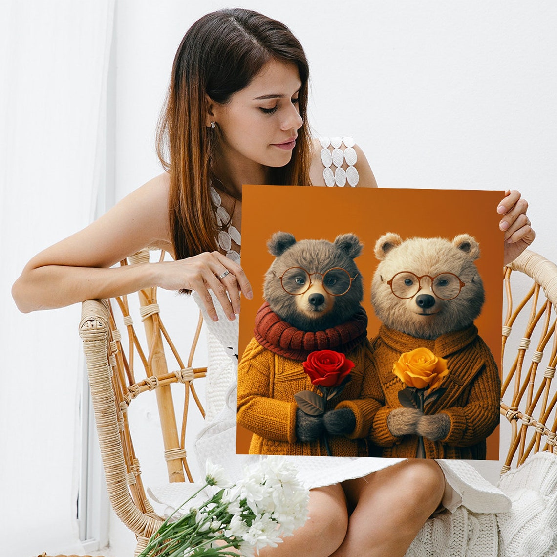 Bear Couple Glasses Poster Roses Cozy Knit Sweater Whimsical Decor - Image 3
