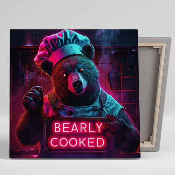 Neon Chef Bear Bearly Cooked Sign Pop Art Pink Blue Kitchen Poster