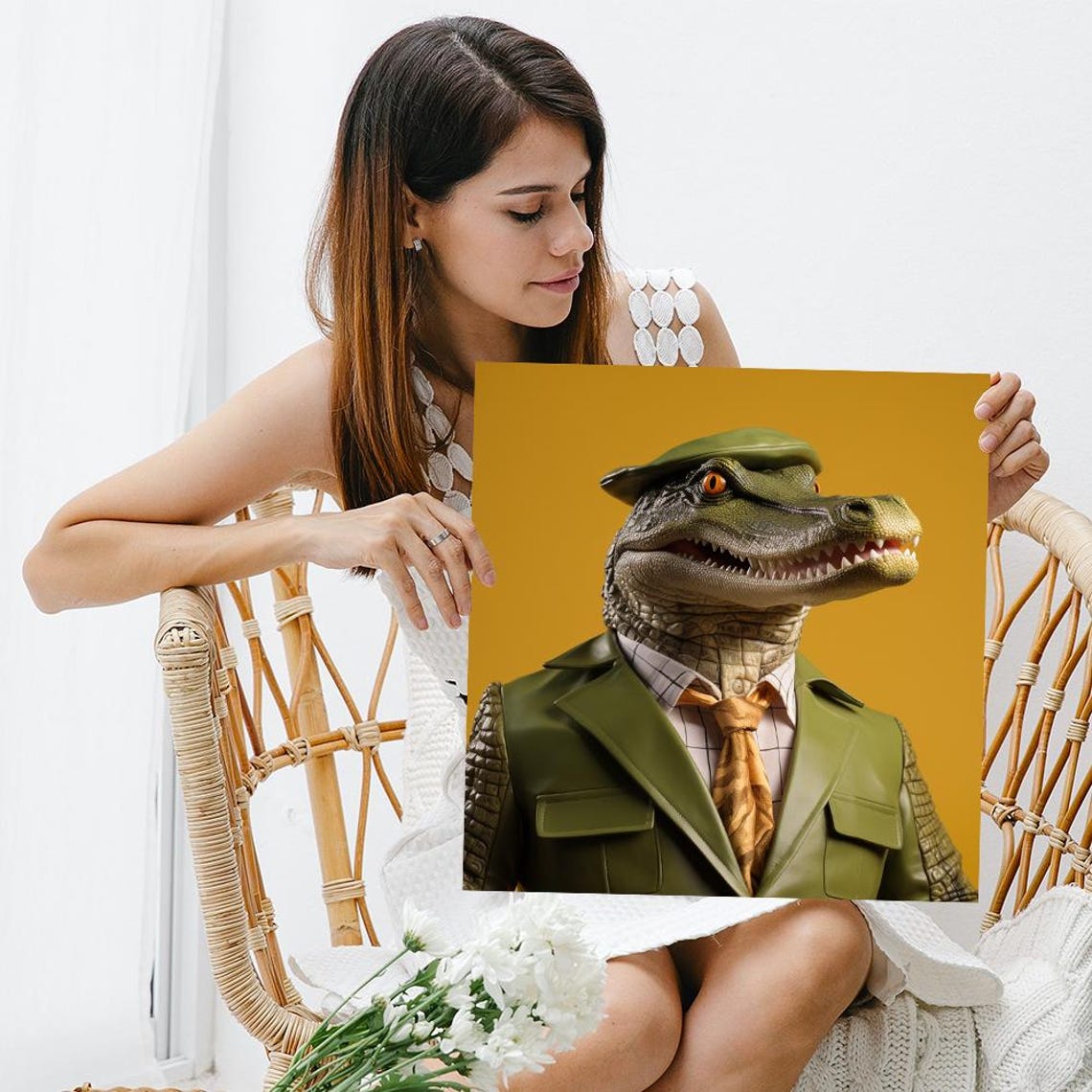 Dapper Crocodile Executive Green Suit Flat Cap Whimsical Poster - Image 3