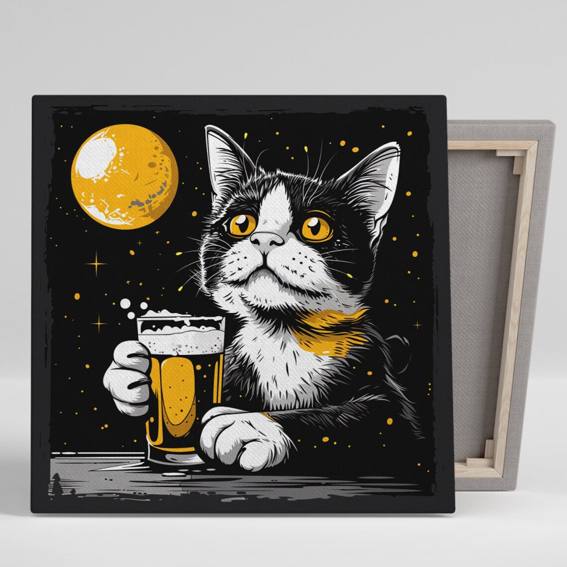 Cat Holding Beer Glass Full Moon Night Starry Pop Art Funny Poster