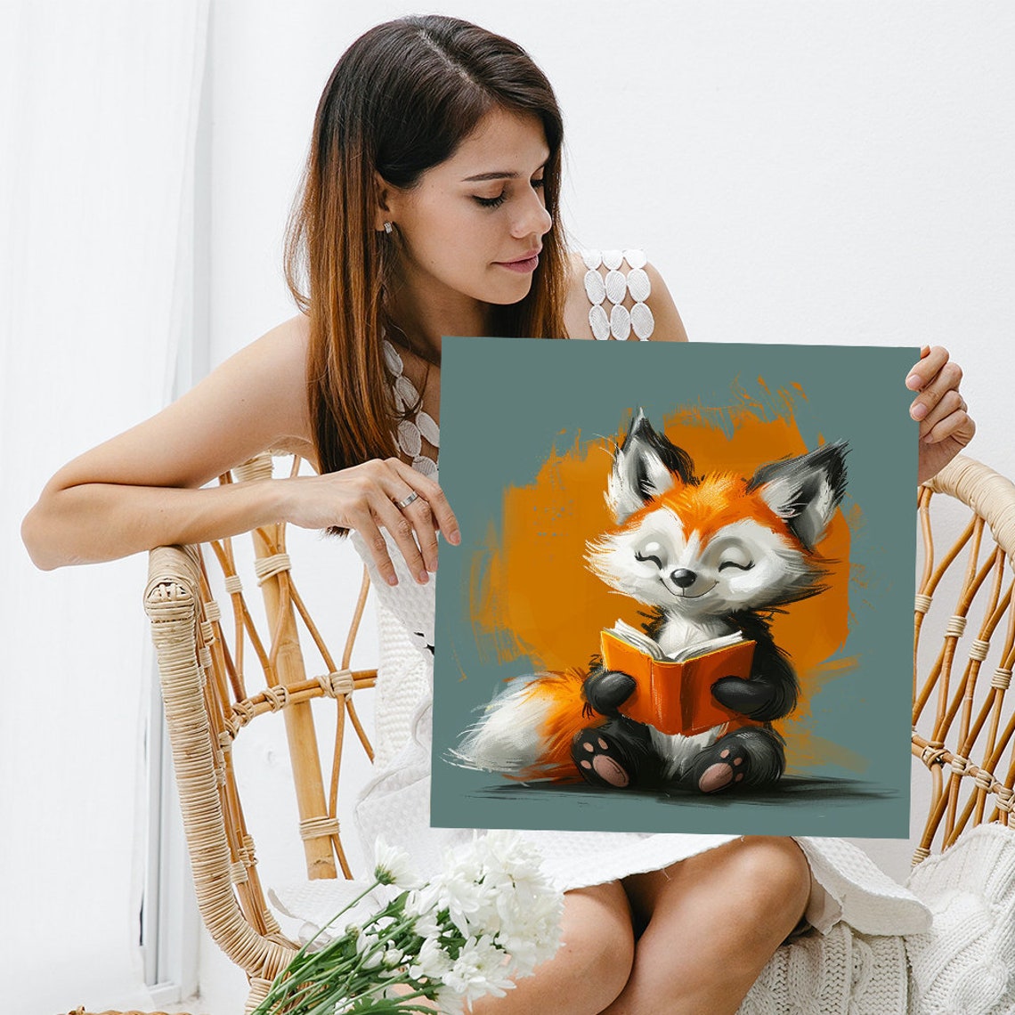 Baby Fox Reading Orange Book Cute Whimsical Kids Nursery Wall Poster - Image 3