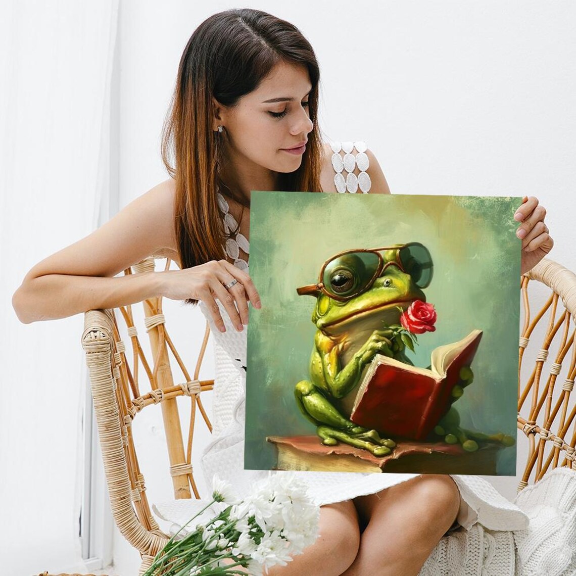 Frog Reading Book Rose Goggles Whimsical Oil Painting Library Wall Poster - Image 3