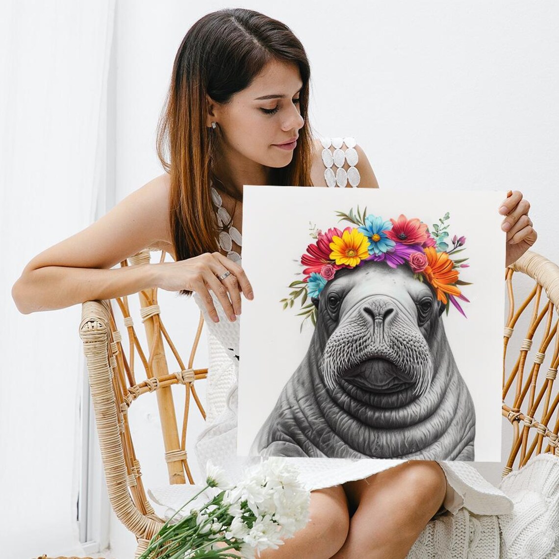 Walrus Floral Crown Whimsical Rustic Art Print - Image 3