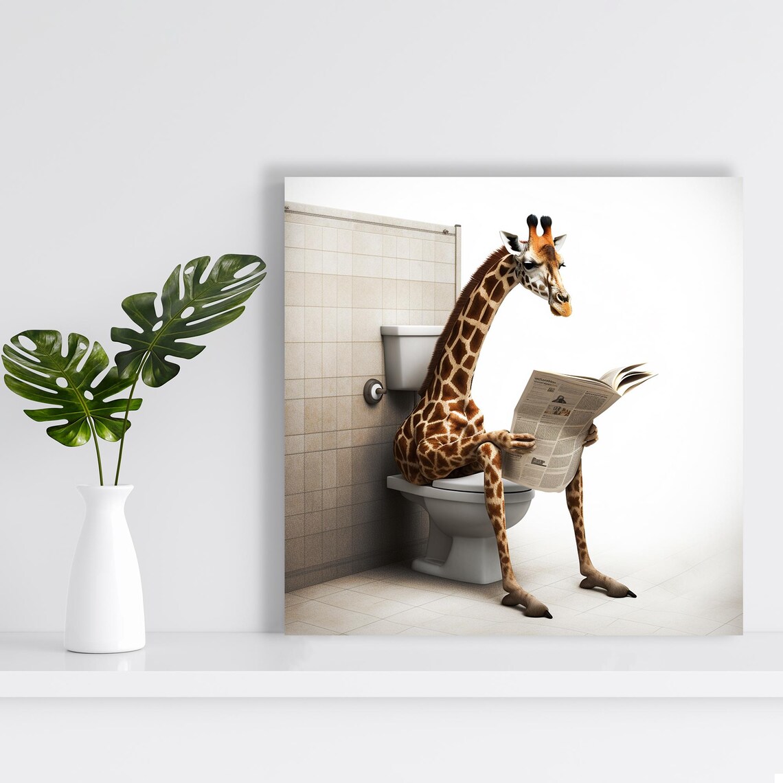 Giraffe on Toilet Reading Newspaper Funny Bathroom Animal Art Poster - Image 2