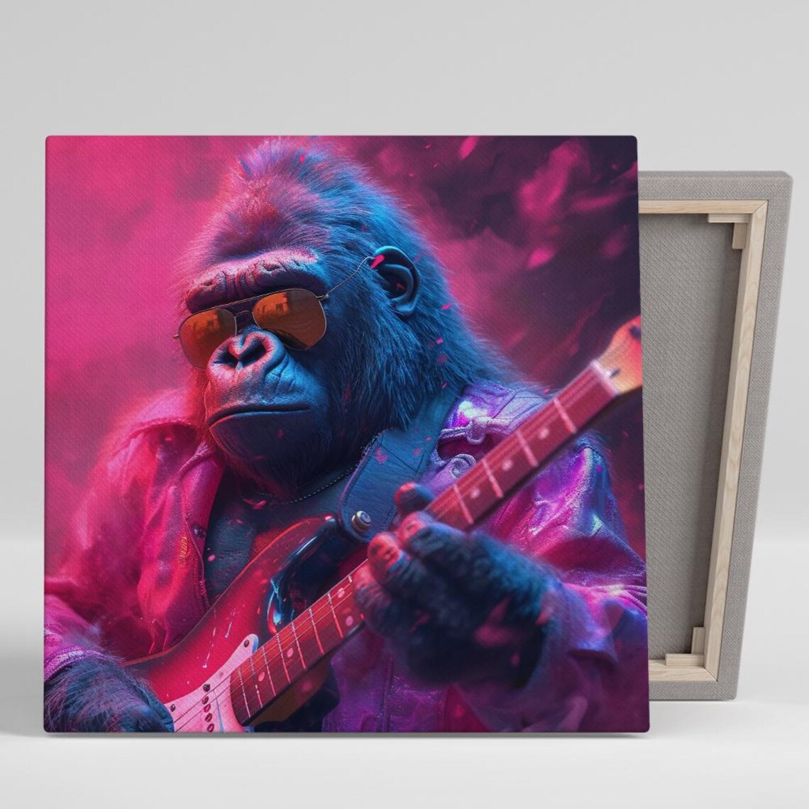 Gorilla Rockstar Playing Electric Guitar Neon Pink Sunglasses Music Poster