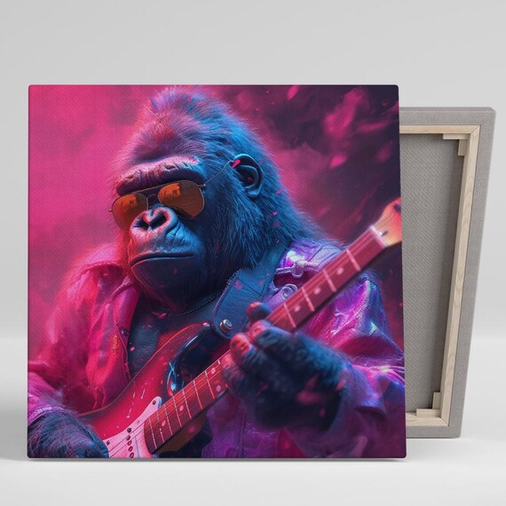 Gorilla Rockstar Playing Electric Guitar Neon Pink Sunglasses Music Poster