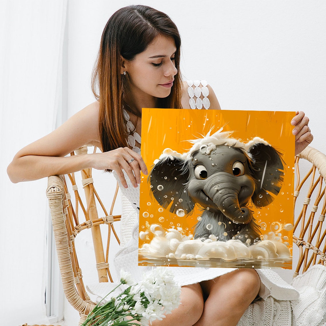 Baby Elephant Bubble Bath Soapy Splash Cheerful Orange Poster - Image 3