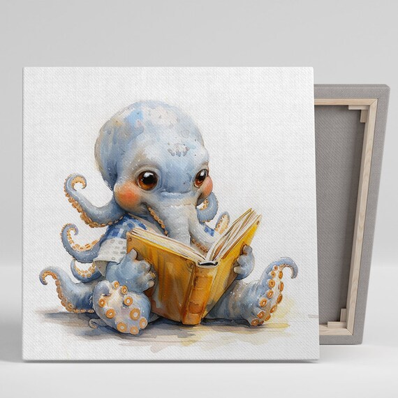 Octopus Art Or Poster Whimsical Minimalist Scandinavian Decor Childrens Room Nursery Office Wall Art Blue Yellow White Orange