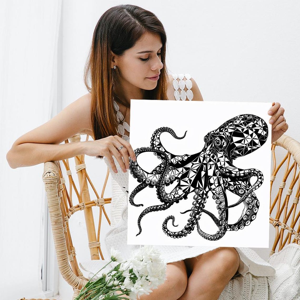 Geometric Octopus Line Art Black And White Minimalist Poster - Image 3